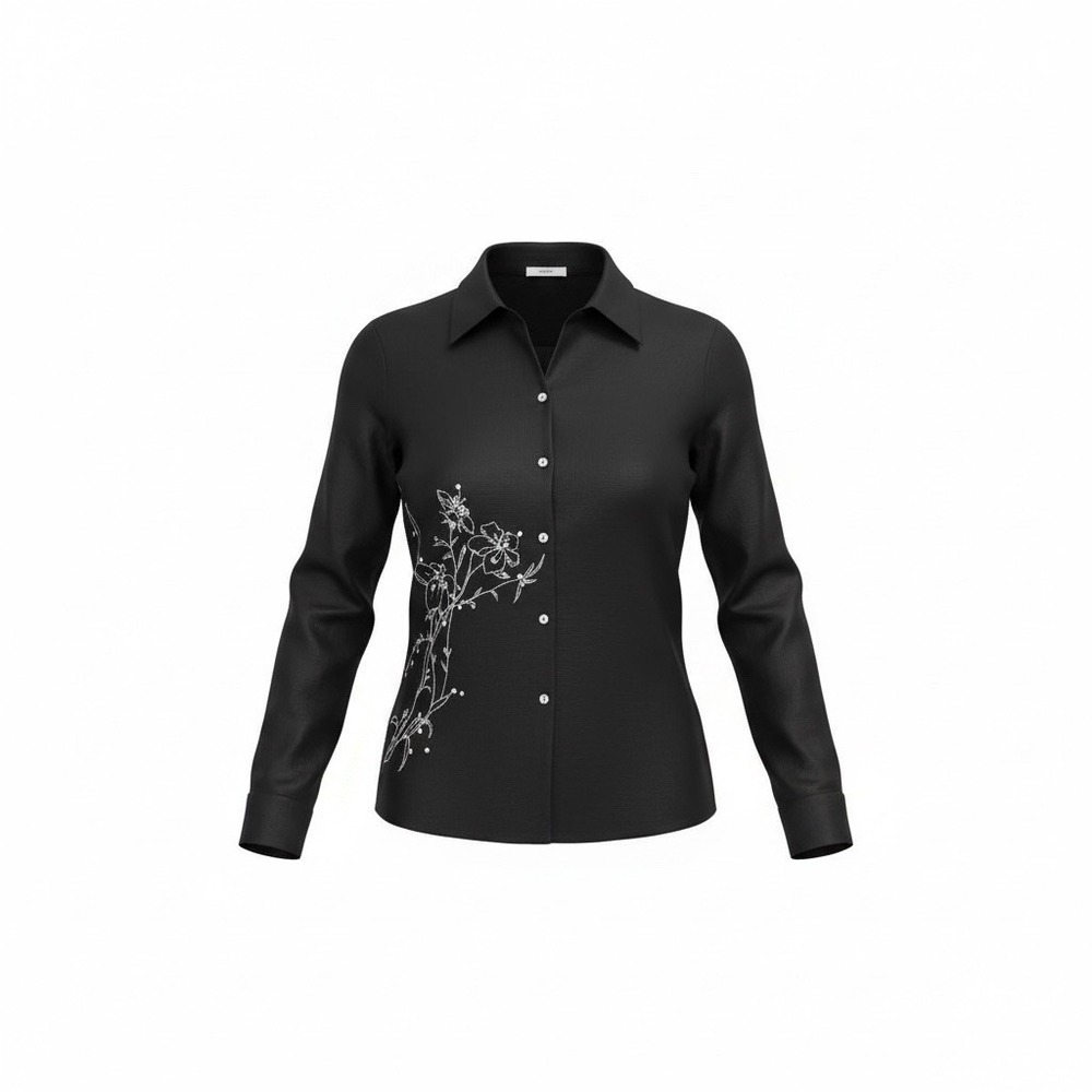 Edward‎ Button Up Shirt Women Medium Black Irish Linen Floral Embroidered Chic